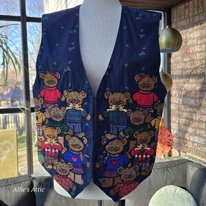 Wmns Navy Blue Green Teddy Bear Embroidered Christmas Holiday Vest Karen Scott M